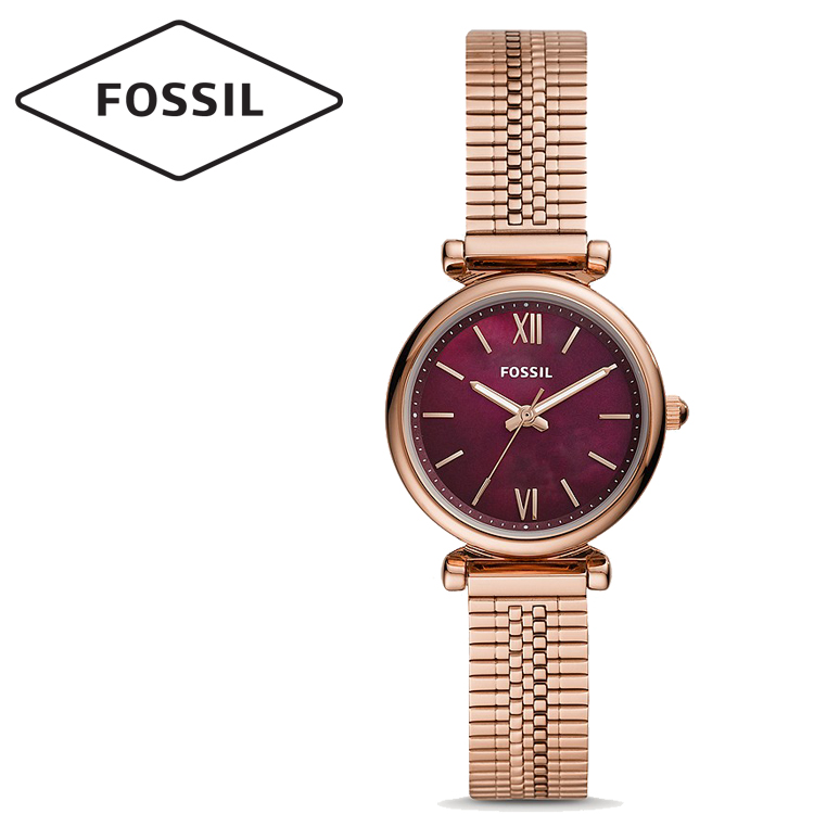 New Arrived Fossil Carlie Mini Quartz Purple Dial Rose Gold Band Stainless Steel Ladies Watch